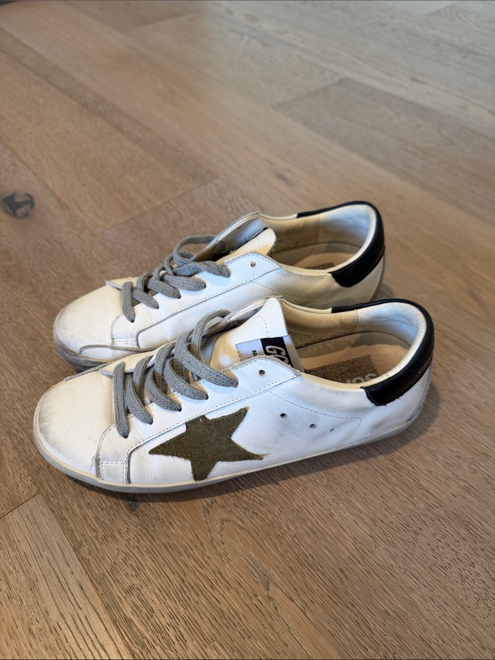 Golden Goose White Sneakers with Olive Star and Black Heel Tab